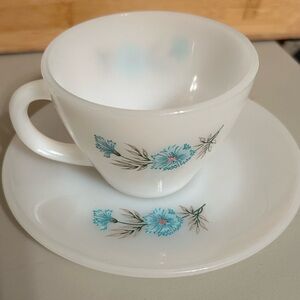 Vintage Fire King Milk Glass Bonnie Blue Flower Pattern cup and saucer